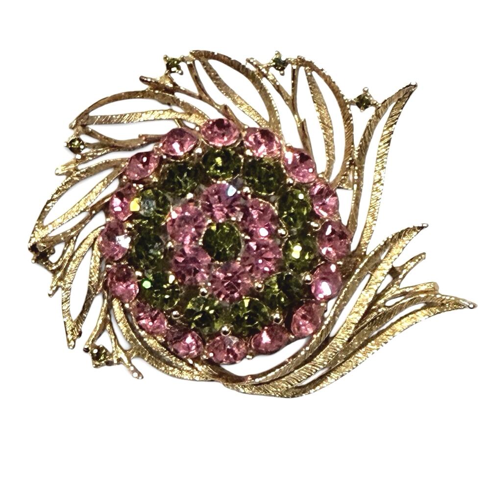 LISNER Pink & Olive Green Rhinestone Floral Leaf Spray Gold Tone Brooch 1960s